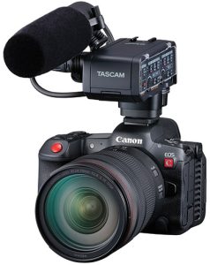 Canon-EOS-R5-C-w-Tascam-XLR-Mic-vlogging cameras